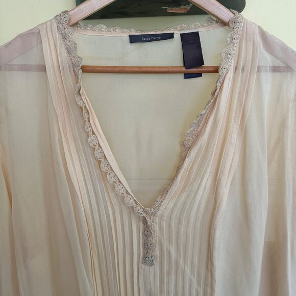 Liz Claiborne vintage 90s silk Sheer Cream Blouse W/ Lace Trim Pleated Front 2X - Picture 2 of 6